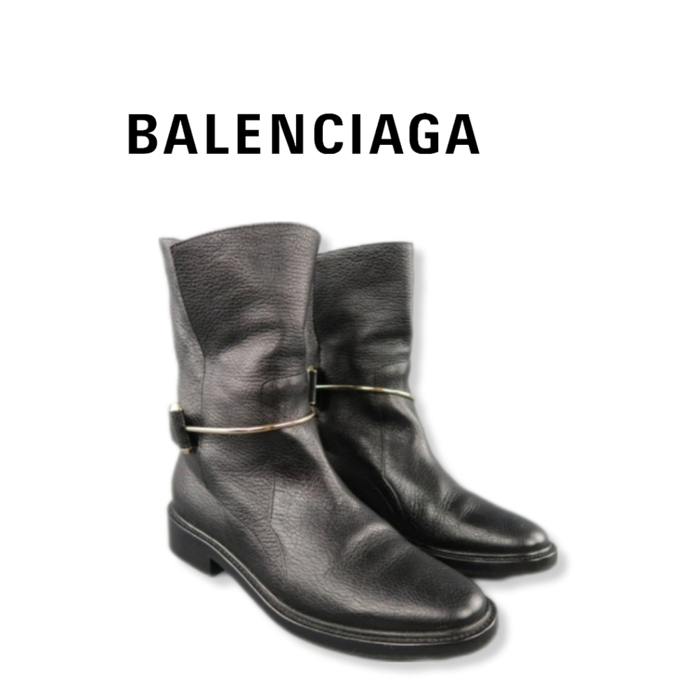 BALENCIAGA EU 40 Black Textured Leather Gold Metal Strap Unisex Biker Boots - Picture 3 of 11